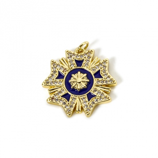 Imagen de 1 Unidad Respetuoso del Medio Ambiente Latón Colección Flora Colgantes 18K Oro Real Chapado Azul Oscuro Esmalte Flor Micro Pave Claro Circón Artificial 27mm x 24mm