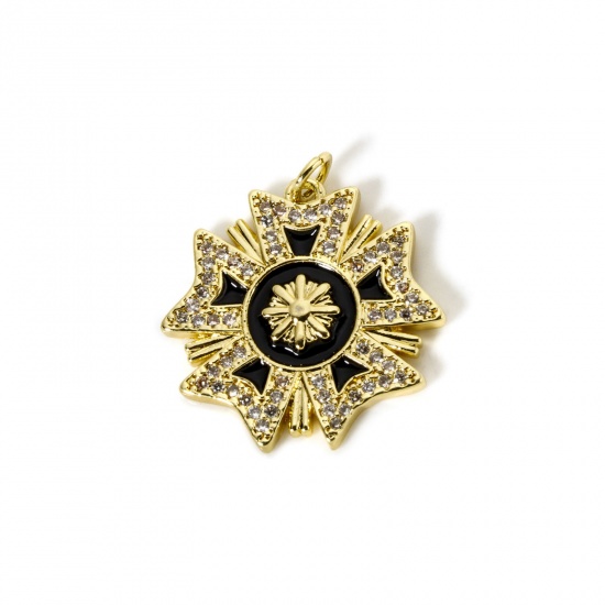 Imagen de 1 Unidad Respetuoso del Medio Ambiente Latón Colección Flora Colgantes 18K Oro Real Chapado Negro Esmalte Flor Micro Pave Claro Circón Artificial 27mm x 24mm