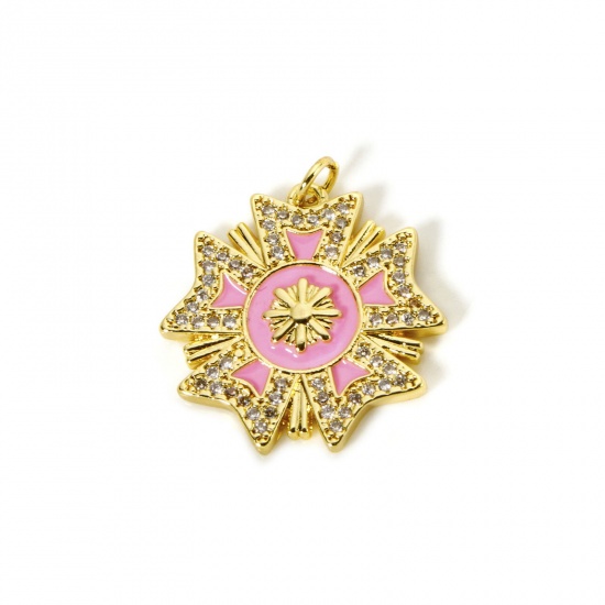 Imagen de 1 Unidad Respetuoso del Medio Ambiente Latón Colección Flora Colgantes 18K Oro Real Chapado Rosado Esmalte Flor Micro Pave Claro Circón Artificial 27mm x 24mm
