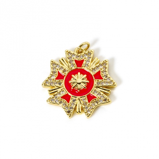 Imagen de 1 Unidad Respetuoso del Medio Ambiente Latón Colección Flora Colgantes 18K Oro Real Chapado Rojo Esmalte Flor Micro Pave Claro Circón Artificial 27mm x 24mm