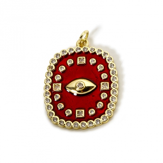 Imagen de 1 Unidad Respetuoso del Medio Ambiente Latón Religión Colgantes 18K Oro Real Chapado Rojo Esmalte Rectángulo Ojo de la Providencia/Ojo que Todo lo Ve Micro Pave Claro Circón Artificial 3.1cm x 2.1cm