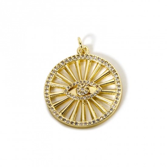Imagen de 1 Unidad Respetuoso del Medio Ambiente Latón Religión Colgantes 18K Oro Real Chapado Ronda Ojo de la Providencia/Ojo que Todo lo Ve Micro Pave Claro Circón Artificial 29mm x 23mm