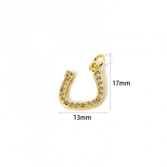 1 個 エコフレンドリー 真鍮 チャーム 18Kリアルゴールドメッキ アラビア文字 マイクロパヴェ クリア ジルコン 17mm x 13mm、 の画像