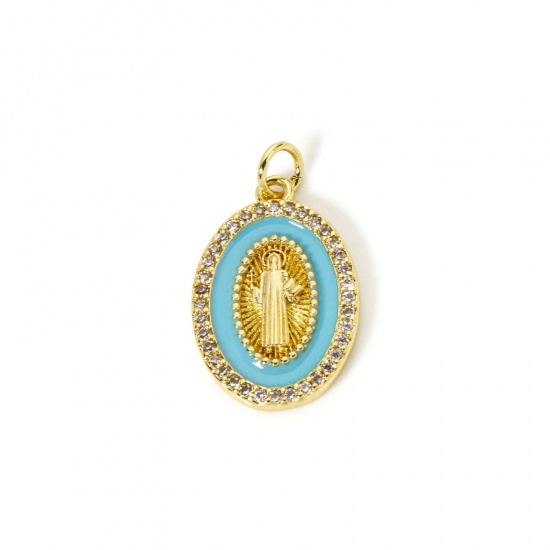 Picture of 1 Piece Eco-friendly Brass Religious Charms 18K Real Gold Plated Blue Enamel Oval Jesus Micro Pave Clear Cubic Zirconia 24mm x 14mm