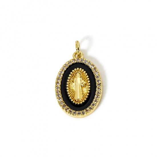 Picture of 1 Piece Eco-friendly Brass Religious Charms 18K Real Gold Plated Black Enamel Oval Jesus Micro Pave Clear Cubic Zirconia 24mm x 14mm