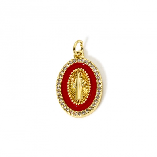 Picture of 1 Piece Eco-friendly Brass Religious Charms 18K Real Gold Plated Red Enamel Oval Jesus Micro Pave Clear Cubic Zirconia 24mm x 14mm