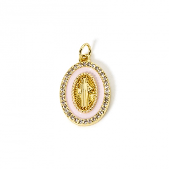 Picture of 1 Piece Eco-friendly Brass Religious Charms 18K Real Gold Plated Pink Enamel Oval Jesus Micro Pave Clear Cubic Zirconia 24mm x 14mm