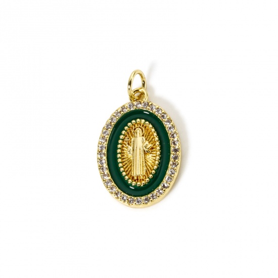 Picture of 1 Piece Eco-friendly Brass Religious Charms 18K Real Gold Plated Green Enamel Oval Jesus Micro Pave Clear Cubic Zirconia 24mm x 14mm