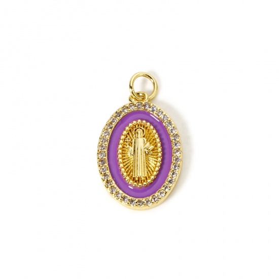 Picture of 1 Piece Eco-friendly Brass Religious Charms 18K Real Gold Plated Purple Enamel Oval Jesus Micro Pave Clear Cubic Zirconia 24mm x 14mm