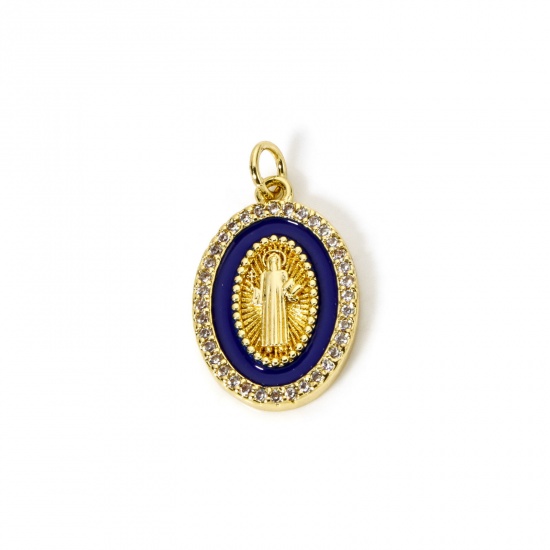 Picture of 1 Piece Eco-friendly Brass Religious Charms 18K Real Gold Plated Dark Blue Enamel Oval Jesus Micro Pave Clear Cubic Zirconia 24mm x 14mm