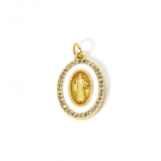 Picture of 1 Piece Eco-friendly Brass Religious Charms 18K Real Gold Plated White Enamel Oval Jesus Micro Pave Clear Cubic Zirconia 24mm x 14mm