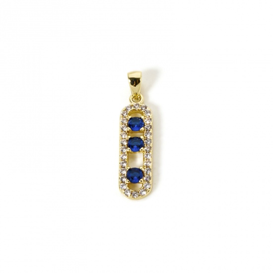 Image de 1 Piece Eco-friendly Brass Charm Pendant 18K Real Gold Plated Oval Micro Pave Royal Blue Cubic Zirconia 26mm x 6mm