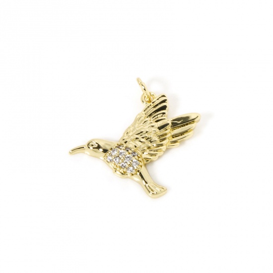 Imagen de 1 Unidad Respetuoso del Medio Ambiente Latón Colgantes 18K Oro Real Chapado Hummingbird Micro Pave Claro Circón Artificial 25mm x 24mm