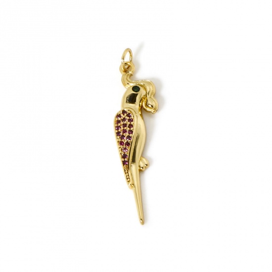 Imagen de 1 Unidad Respetuoso del Medio Ambiente Latón Colgantes 18K Oro Real Chapado Loro Micro Pave Rojo Circón Artificial 3.9cm x 0.9cm