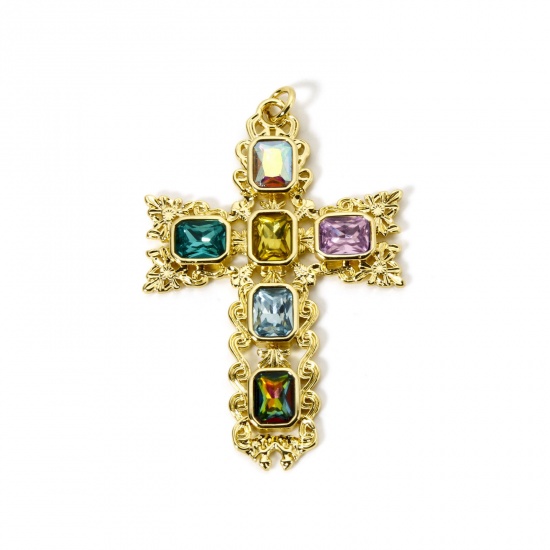 Bild von 1 Piece Eco-friendly Brass Religious Pendants 18K Real Gold Plated Cross Multicolor Rhinestone 7.5cm x 4.7cm