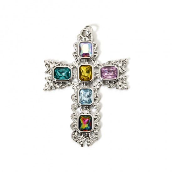 Bild von 1 Piece Eco-friendly Brass Religious Pendants Real Platinum Plated Cross Multicolor Rhinestone 7.5cm x 4.7cm