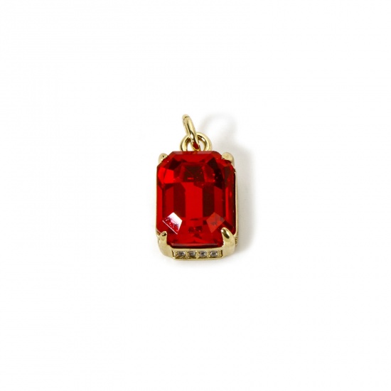 Picture of 1 Piece Eco-friendly Brass & Glass Geometric Charms 18K Real Gold Plated Red Rectangle Micro Pave Clear Cubic Zirconia 16mm x 8.5mm