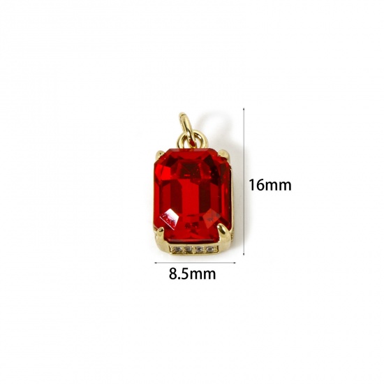 Picture of 1 Piece Eco-friendly Brass & Glass Geometric Charms 18K Real Gold Plated Red Rectangle Micro Pave Clear Cubic Zirconia 16mm x 8.5mm