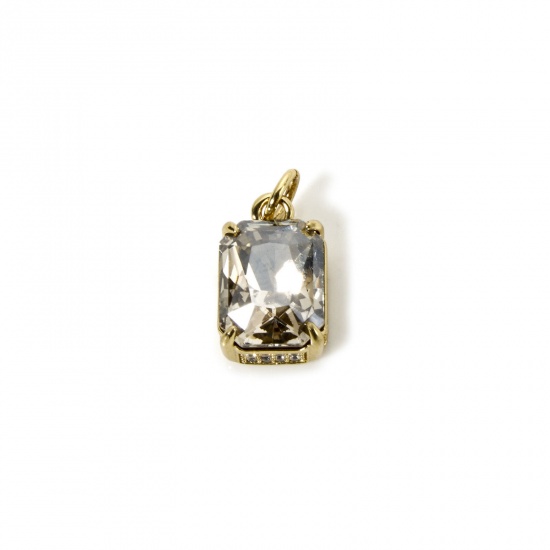 Picture of 1 Piece Eco-friendly Brass & Glass Geometric Charms 18K Real Gold Plated French Gray Rectangle Micro Pave Clear Cubic Zirconia 16mm x 8.5mm
