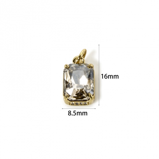 Picture of 1 Piece Eco-friendly Brass & Glass Geometric Charms 18K Real Gold Plated French Gray Rectangle Micro Pave Clear Cubic Zirconia 16mm x 8.5mm