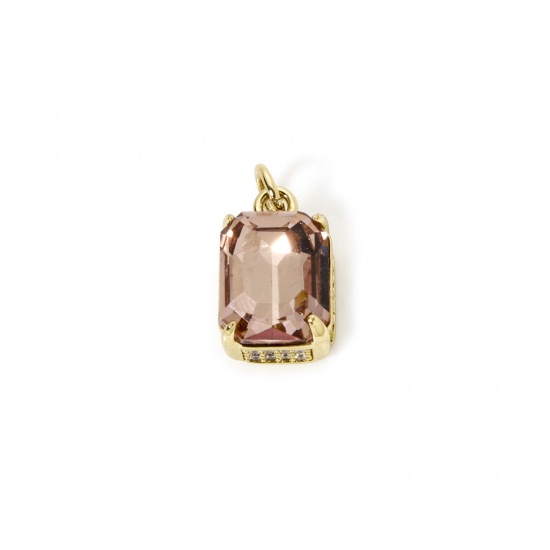 Picture of 1 Piece Eco-friendly Brass & Glass Geometric Charms 18K Real Gold Plated Dark Pink Rectangle Micro Pave Clear Cubic Zirconia 16mm x 8.5mm