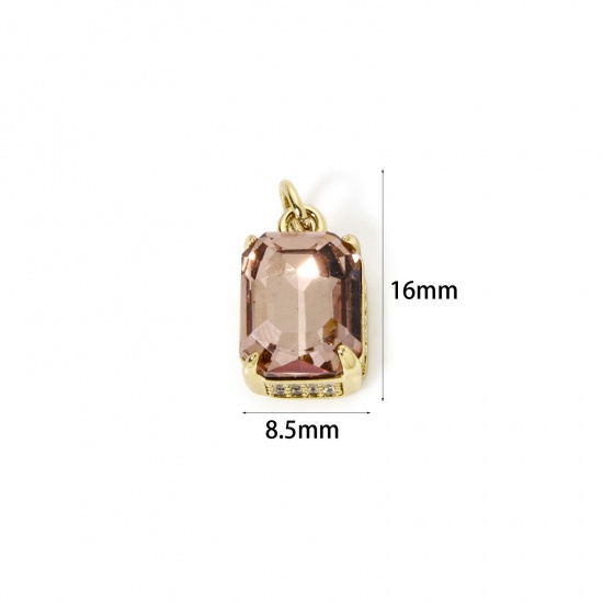 Picture of 1 Piece Eco-friendly Brass & Glass Geometric Charms 18K Real Gold Plated Dark Pink Rectangle Micro Pave Clear Cubic Zirconia 16mm x 8.5mm