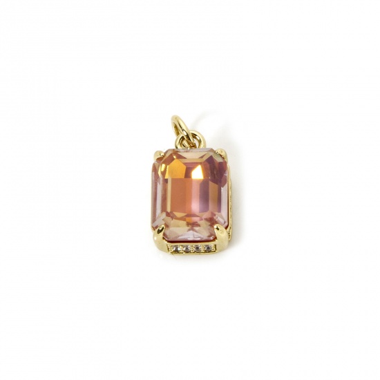 Picture of 1 Piece Eco-friendly Brass & Glass Geometric Charms 18K Real Gold Plated Light Pink AB Rainbow Color Rectangle Micro Pave Clear Cubic Zirconia 16mm x 8.5mm