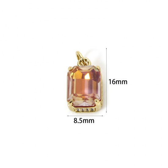 Picture of 1 Piece Eco-friendly Brass & Glass Geometric Charms 18K Real Gold Plated Light Pink AB Rainbow Color Rectangle Micro Pave Clear Cubic Zirconia 16mm x 8.5mm