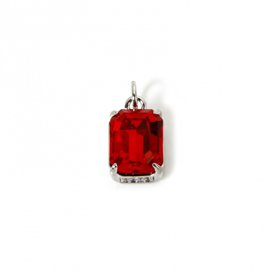 Picture of 1 Piece Eco-friendly Brass & Glass Geometric Charms Real Platinum Plated Red Rectangle Micro Pave Clear Cubic Zirconia 16mm x 8.5mm