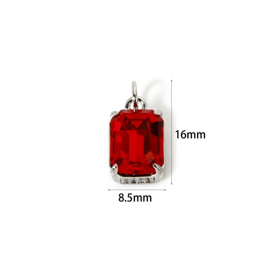 Picture of 1 Piece Eco-friendly Brass & Glass Geometric Charms Real Platinum Plated Red Rectangle Micro Pave Clear Cubic Zirconia 16mm x 8.5mm