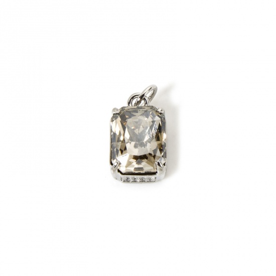 Picture of 1 Piece Eco-friendly Brass & Glass Geometric Charms Real Platinum Plated French Gray Rectangle Micro Pave Clear Cubic Zirconia 16mm x 8.5mm