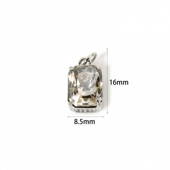 Picture of 1 Piece Eco-friendly Brass & Glass Geometric Charms Real Platinum Plated French Gray Rectangle Micro Pave Clear Cubic Zirconia 16mm x 8.5mm