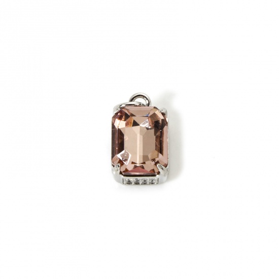 Picture of 1 Piece Eco-friendly Brass & Glass Geometric Charms Real Platinum Plated Dark Pink Rectangle Micro Pave Clear Cubic Zirconia 16mm x 8.5mm