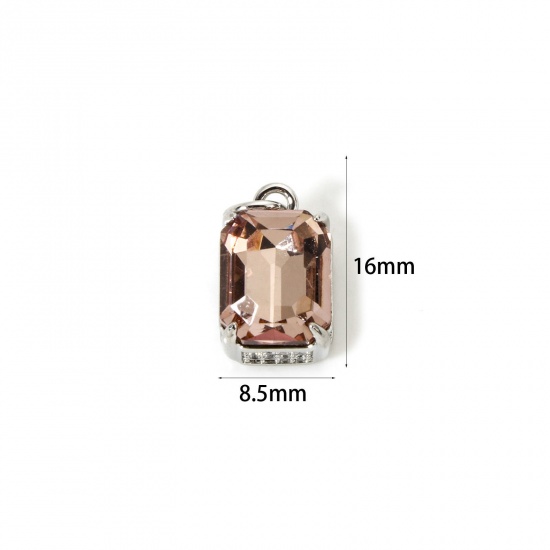 Picture of 1 Piece Eco-friendly Brass & Glass Geometric Charms Real Platinum Plated Dark Pink Rectangle Micro Pave Clear Cubic Zirconia 16mm x 8.5mm