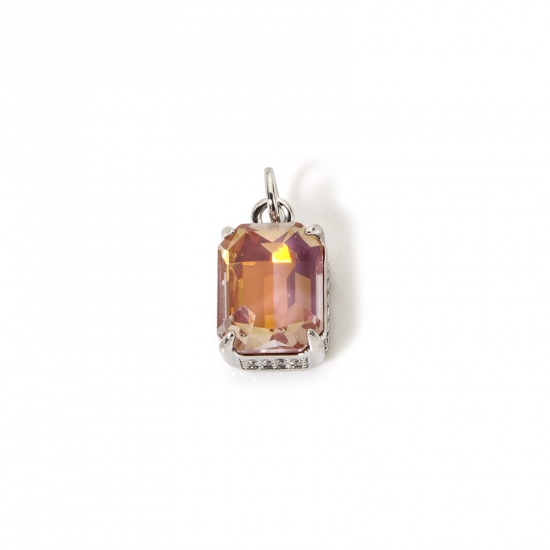 Picture of 1 Piece Eco-friendly Brass & Glass Geometric Charms Real Platinum Plated Light Pink AB Rainbow Color Rectangle Micro Pave Clear Cubic Zirconia 16mm x 8.5mm