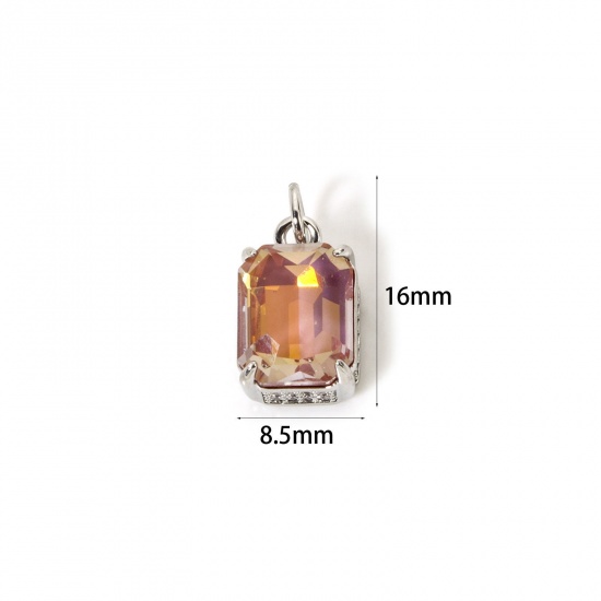 Picture of 1 Piece Eco-friendly Brass & Glass Geometric Charms Real Platinum Plated Light Pink AB Rainbow Color Rectangle Micro Pave Clear Cubic Zirconia 16mm x 8.5mm