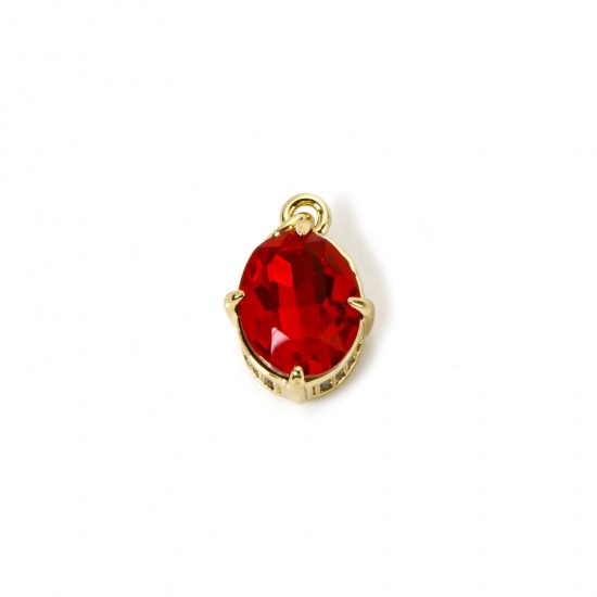 Picture of 1 Piece Eco-friendly Brass & Glass Geometric Charms 18K Real Gold Plated Red Oval Micro Pave Clear Cubic Zirconia 17mm x 10mm
