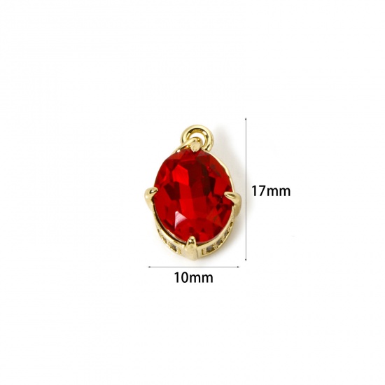 Picture of 1 Piece Eco-friendly Brass & Glass Geometric Charms 18K Real Gold Plated Red Oval Micro Pave Clear Cubic Zirconia 17mm x 10mm
