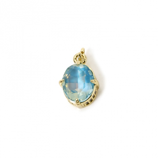 Picture of 1 Piece Eco-friendly Brass & Glass Geometric Charms 18K Real Gold Plated Lake Blue AB Rainbow Color Oval Micro Pave Clear Cubic Zirconia 17mm x 10mm