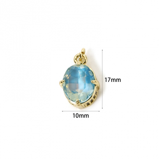 Picture of 1 Piece Eco-friendly Brass & Glass Geometric Charms 18K Real Gold Plated Lake Blue AB Rainbow Color Oval Micro Pave Clear Cubic Zirconia 17mm x 10mm