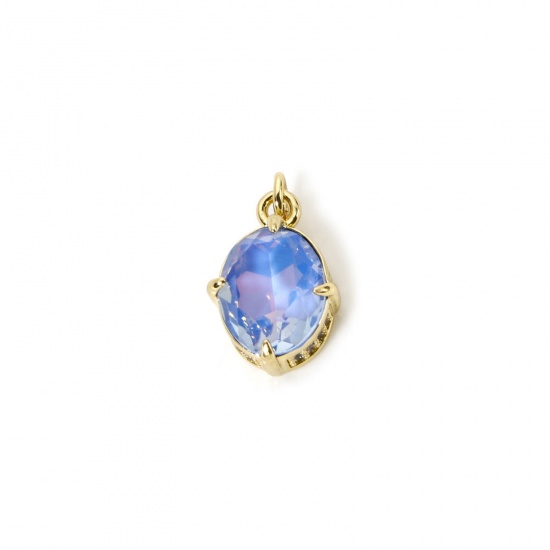 Picture of 1 Piece Eco-friendly Brass & Glass Geometric Charms 18K Real Gold Plated Blue AB Rainbow Color Oval Micro Pave Clear Cubic Zirconia 17mm x 10mm