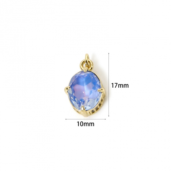 Picture of 1 Piece Eco-friendly Brass & Glass Geometric Charms 18K Real Gold Plated Blue AB Rainbow Color Oval Micro Pave Clear Cubic Zirconia 17mm x 10mm