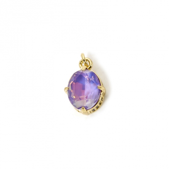Picture of 1 Piece Eco-friendly Brass & Glass Geometric Charms 18K Real Gold Plated Purple AB Rainbow Color Oval Micro Pave Clear Cubic Zirconia 17mm x 10mm