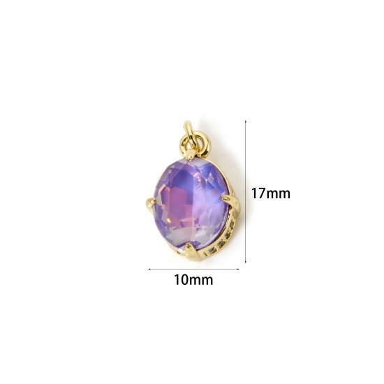 Picture of 1 Piece Eco-friendly Brass & Glass Geometric Charms 18K Real Gold Plated Purple AB Rainbow Color Oval Micro Pave Clear Cubic Zirconia 17mm x 10mm