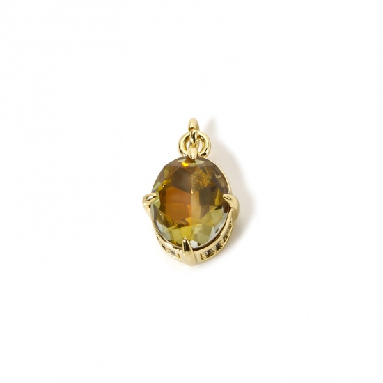 Picture of 1 Piece Eco-friendly Brass & Glass Geometric Charms 18K Real Gold Plated Champagne AB Rainbow Color Oval Micro Pave Clear Cubic Zirconia 17mm x 10mm