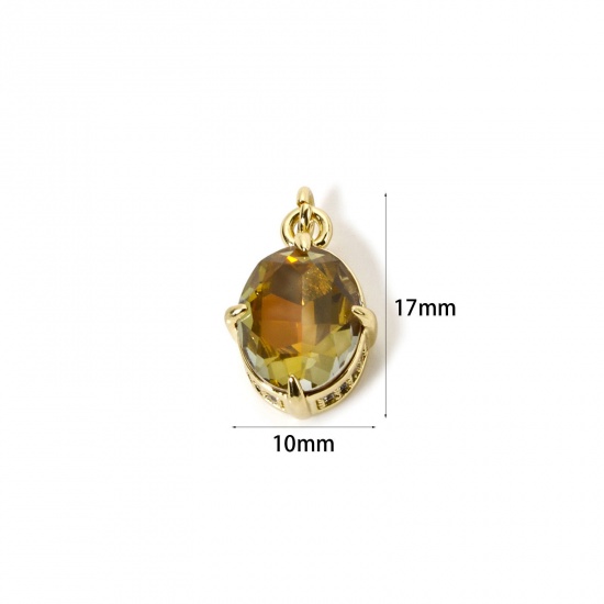 Picture of 1 Piece Eco-friendly Brass & Glass Geometric Charms 18K Real Gold Plated Champagne AB Rainbow Color Oval Micro Pave Clear Cubic Zirconia 17mm x 10mm
