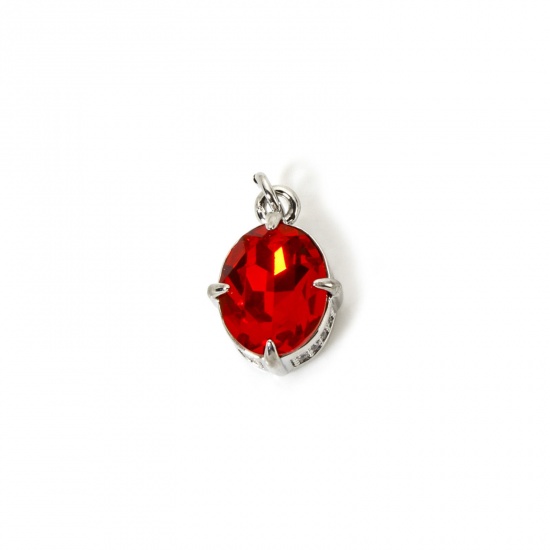 Picture of 1 Piece Eco-friendly Brass & Glass Geometric Charms Real Platinum Plated Red Oval Micro Pave Clear Cubic Zirconia 17mm x 10mm