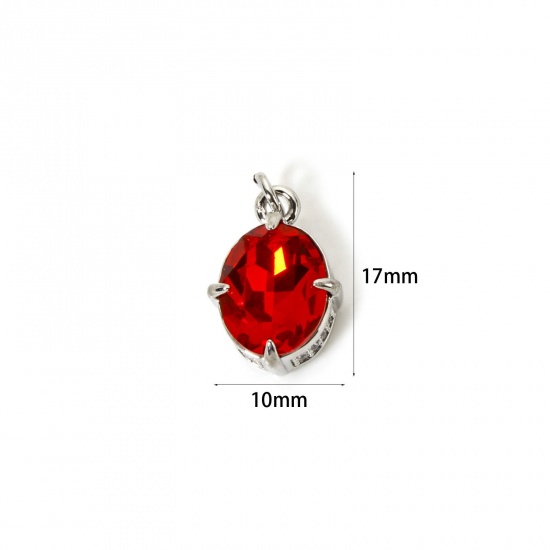 Picture of 1 Piece Eco-friendly Brass & Glass Geometric Charms Real Platinum Plated Red Oval Micro Pave Clear Cubic Zirconia 17mm x 10mm