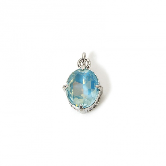 Picture of 1 Piece Eco-friendly Brass & Glass Geometric Charms Real Platinum Plated Lake Blue AB Rainbow Color Oval Micro Pave Clear Cubic Zirconia 17mm x 10mm