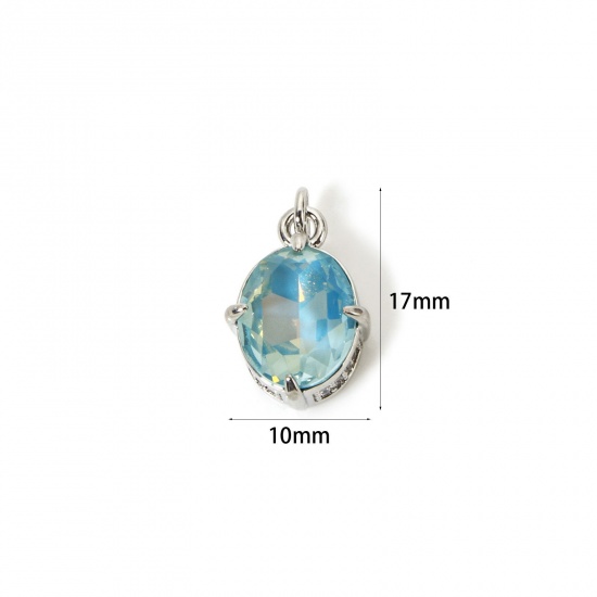 Picture of 1 Piece Eco-friendly Brass & Glass Geometric Charms Real Platinum Plated Lake Blue AB Rainbow Color Oval Micro Pave Clear Cubic Zirconia 17mm x 10mm
